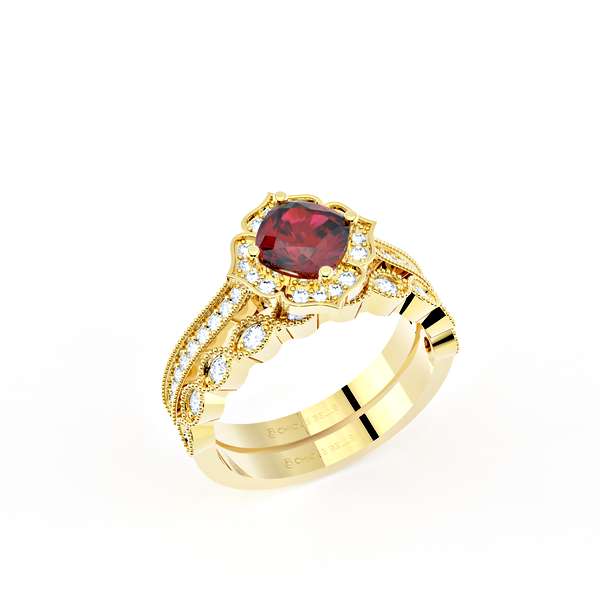 Cushion Cut Ruby and Diamond Ring with Half Eternity Band